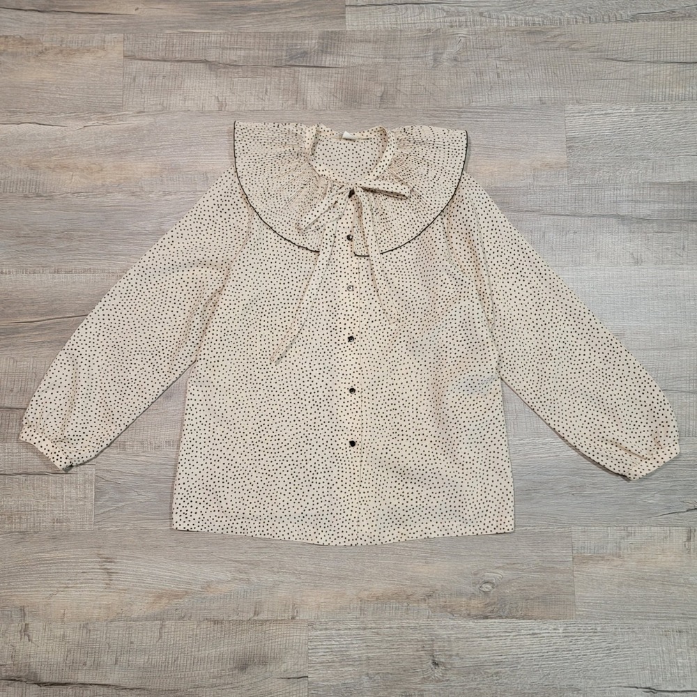 VTG 70s Lady Devon Polka Dot Blouse Cream Accordian Ruffle Collar Bow Size 42